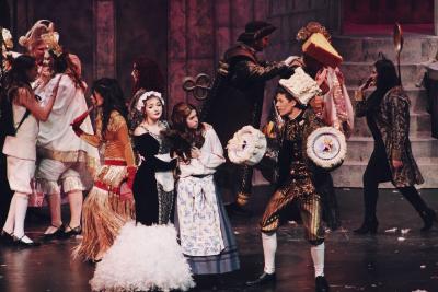 4th Beauty and the Beast Costume Rental Package Mary and burt on the rooftop